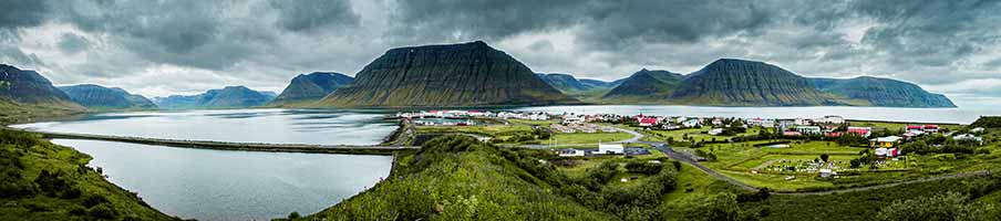 Panoramic view of Ísafjörður Town nestled between dramatic fjords in Westfjords, Iceland