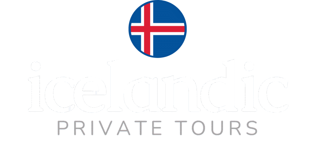 Logo of Icelandic Private Tours featuring a stylized blue and red Icelandic flag and white typography on a black background.
